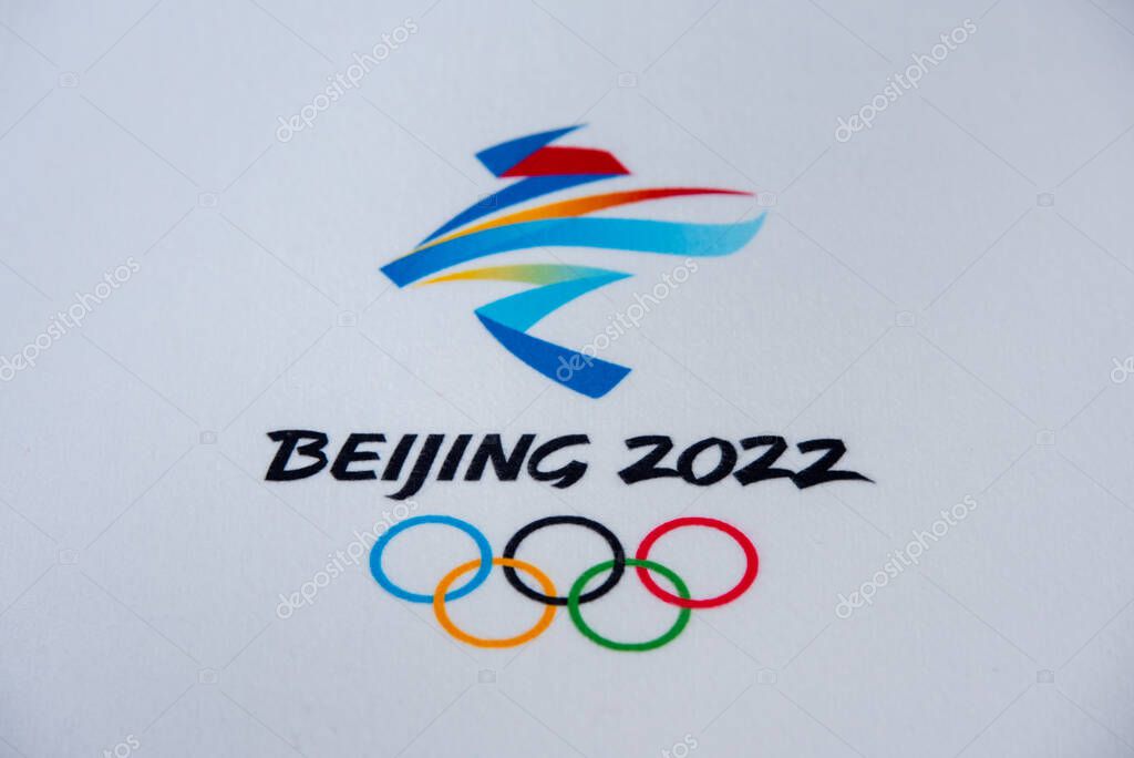 BEIJING, CHINA, JANUARY 1, 2022: Logo of winter olympic game 2022 in Beijing, White edit space in background