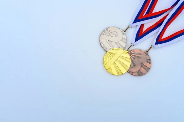 Medalha Ouro Prata Bronze Com Natureza Inverno Fundo Foto Conceito — Fotografia de Stock