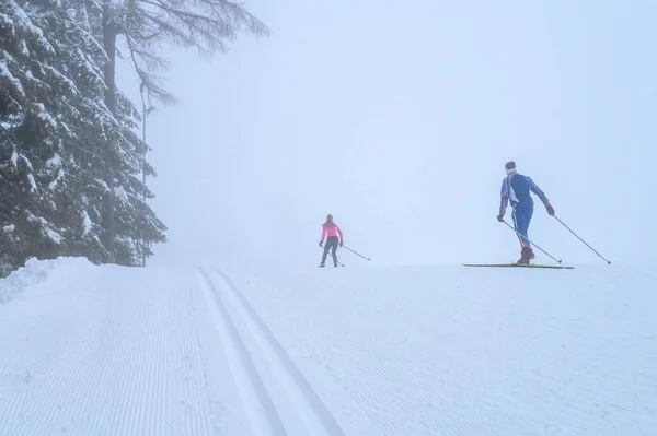 Para Aktywnie Spędza Czas Zimie Zdjęcie Nordic Ski — Zdjęcie stockowe