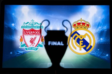 PARIS, FRANCE, MAY. 8. 2022: FC Liverpool (ENG) vs Real Madrid (ESP). UEFA Champions League Final 2022 in Paris, France, football soccer, Black UCL Trophy Silhouette, logo in background. 28. May 2022