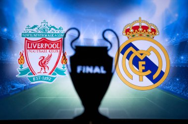 PARIS, FRANCE, MAY. 8. 2022: FC Liverpool (ENG) vs Real Madrid (ESP). UEFA Champions League Final 2022 in Paris, France, football soccer, Black UCL Trophy Silhouette, logo in background. 28. May 2022