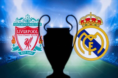 PARIS, FRANCE, MAY. 8. 2022: FC Liverpool (ENG) vs Real Madrid (ESP). UEFA Champions League Final 2022 in Paris, France, football soccer, Black UCL Trophy Silhouette, logo in background. 28. May 2022