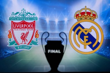 PARIS, FRANCE, MAY. 8. 2022: FC Liverpool (ENG) vs Real Madrid (ESP). UEFA Champions League Final 2022 in Paris, France, football soccer, Black UCL Trophy Silhouette, logo in background. 28. May 2022