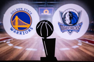 SAN FRANCISCO, CALIFORNIA, ABD, 16 Mayıs 2022 Altın Eyalet Savaşçıları Dallas Mavericks 'e karşı. NBA Batı Konferansı Finalleri. Basketbol maçı. Larry O 'Brien, Şampiyonluk Kupası Silueti, logo geçmişi