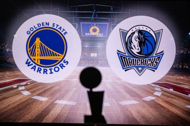 SAN FRANCISCO, CALIFORNIA, USA, MAY 16, 2022: Golden State Warriors vs. Dallas Mavericks. NBA Western Conference Finals. Basketball game. Larry O'Brien, Championship Trophy Silhouette,logo background