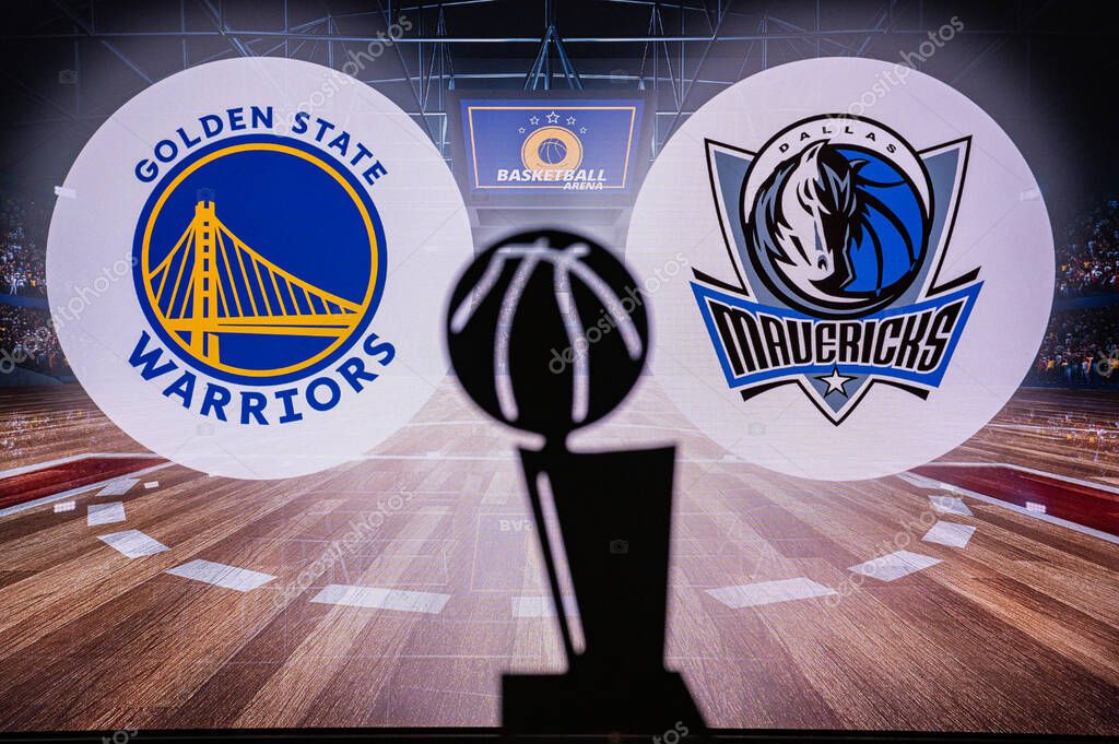 SAN FRANCISCO, CALIFORNIA, USA, MAY 16, 2022: Golden State Warriors vs. Dallas Mavericks. NBA Western Conference Finals. Basketball game. Larry O'Brien, Championship Trophy Silhouette,logo background