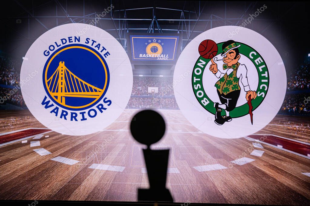 SAN FRANCISCO, CALIFORNIA, USA, MAY 30, 2022: Golden State Warriors vs. Boston Celtics. 2022 NBA Finals. Basketball game. Larry O'Brien, Championship Trophy. Silhouette and logo in background