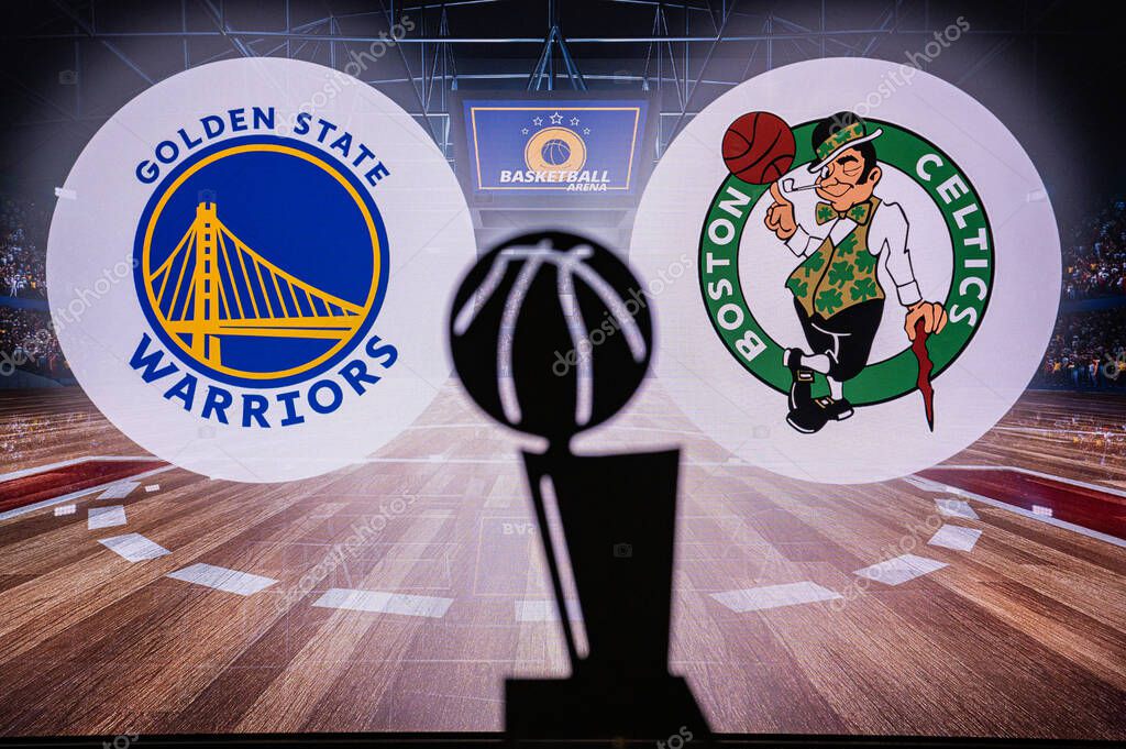 SAN FRANCISCO, CALIFORNIA, USA, MAY 30, 2022: Golden State Warriors vs. Boston Celtics. 2022 NBA Finals. Basketball game. Larry O'Brien, Championship Trophy. Silhouette and logo in background