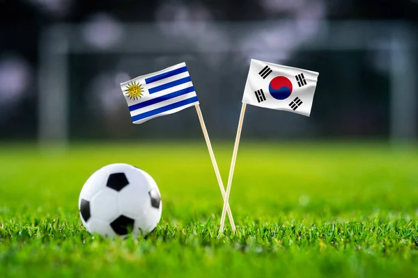 ウルグアイVs韓国 教育都市 サッカー試合壁紙 手作り国旗と緑の芝生の上でサッカーボール 背景にサッカースタジアム ブラック編集スペース — ストック写真