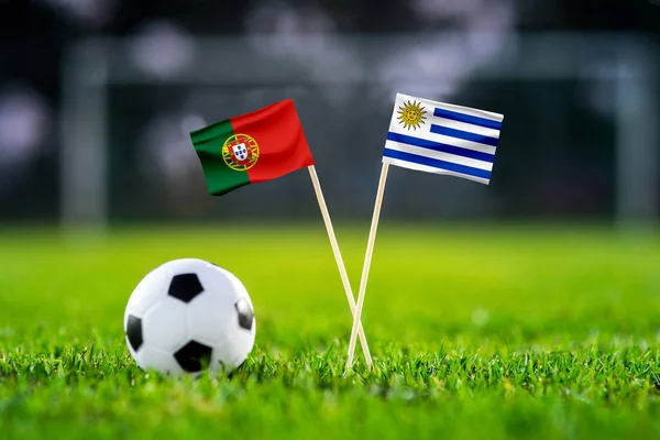 Portugal Uruguay Lusail Fotbollsmatch Tapeter Handgjorda Nationella Flaggor Och Fotboll — Stockfoto