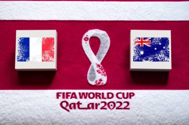 DOHA, Katar, 3. D Grubu: Avustralya 'ya karşı Fransa, Al Janoub Stadyumu, Al Wakrah, Katar 2022' de FIFA Dünya Kupası, ulusal bayraklarla futbol maçı, düzenleme alanı ile pankart. Futbol duvar kâğıdı