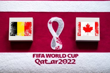 DOHA, Katar, 3. F Grubu Kanada 'ya karşı, Ahmed bin Ali Stadyumu, Al Rayyan, Katar 2022 FIFA Dünya Kupası, ulusal bayraklarla futbol maçı, düzenleme alanı ile pankart. Futbol duvar kâğıdı