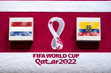 DOHA, Katar, 3. A Grubu: Hollanda Ekvador 'a karşı, Halife Uluslararası Stadyumu, Al Rayyan, 2022 Katar' da FIFA Dünya Kupası, ulusal bayraklarla futbol maçı, kurgu alanı ile pankart. Futbol duvar kâğıdı