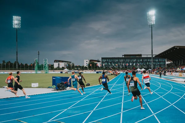 Samorin Slovakia July Professional 200M Sprint Race Athletes Run Blue —  Fotos de Stock