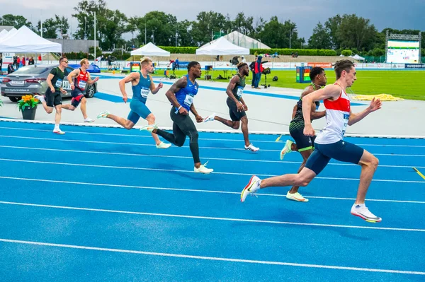 Samorin Slovakia July Professional 200M Sprint Race Athletes Run Blue — 스톡 사진