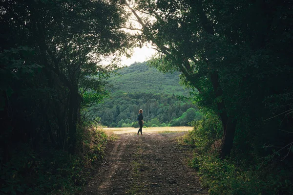 Una Turista Camina Por Verde Bosque Verano Durante Viaje Naturaleza —  Fotos de Stock