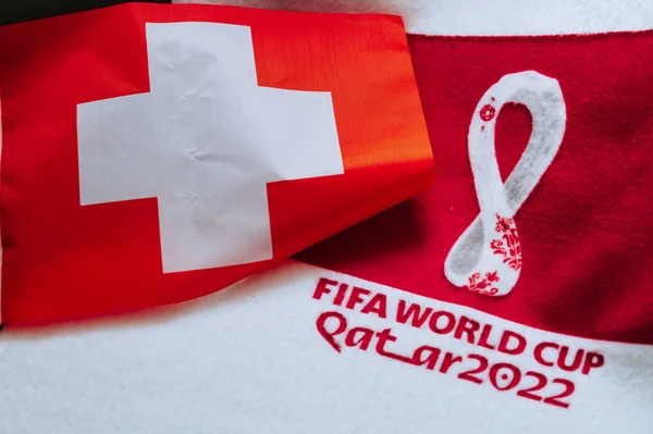 Katar Doha Lipiec 2022 Szwajcaria Flaga Narodowa Logo Mistrzostw Świata — Zdjęcie stockowe