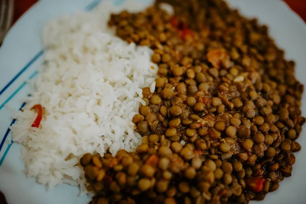 Lentils and rice, a typical African dish in Kenya. A source of carbohydrates and vitamins. Healthy African food