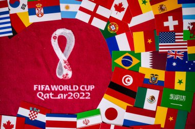 DOHA, QATAR, AUGUST 30, 2022: FIFA World Cup Qatar 2022 official background. Flags of all 32 Countries which will play in Qatar