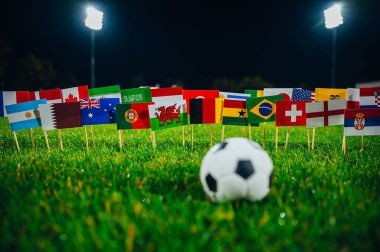 DOHA, Katar - 24 Mayıs 2022: 2022 FIFA Dünya Futbol Kupası bayrağı Katar 'da. Taraftarlar konsept fotoğrafını destekliyor. Siyah düzenleme alanı