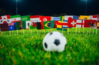 Uluslararası futbol turnuvası için konsept fotoğraf. Yeşil çimenler ve ulusal bayraklar üzerinde top. Gece stadyum. Siyah arkaplan, boşluğu düzenle. Katar ve Brezilya Bayrağı dahil