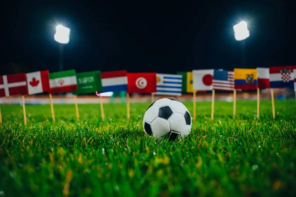 Torneio Futebol Jogos Internacionais Foto Desportiva Bola Futebol Bandeira Nacional — Fotografia de Stock