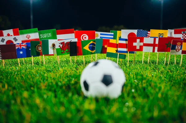 Concept photo for international football tournament. Ball on green grass and national flags. Stadium in night. Black background, edit space. Including Qatar and Brazil Flag