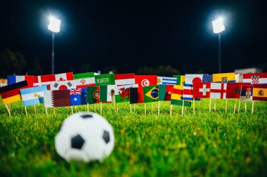 Yeşil çimlerde futbol topu. Tüm ulusların 32 bayrağı. Karanlık arka plan, gece stadyum. Yapay ışık. Siyah düzenleme alanı