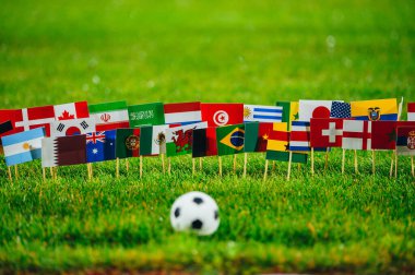 Yeşil çimlerde futbol topu ve 32 ulusal bayrağın hepsi. Futbol turnuvası için duvar kağıdı