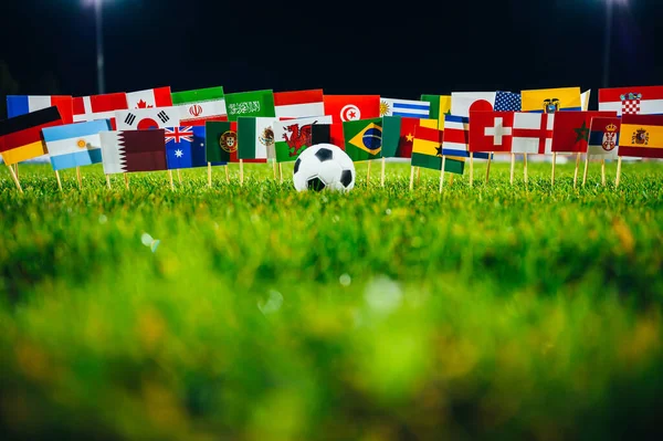 Flagi Narodowe Wszystkie Kraje Uczestniczą Mistrzostwach Piłki Nożnej Piłka Nożna — Zdjęcie stockowe