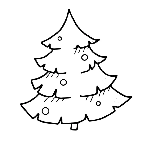 Weihnachtsbaum im Doodle-Stil mit festlichen Kugeln geschmückt — Stockvektor