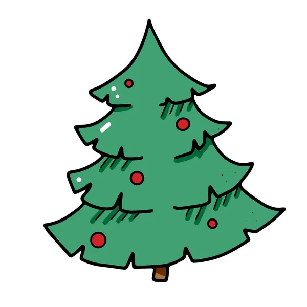 Weihnachtsbaum im Doodle-Stil mit festlichen Kugeln geschmückt — Stockvektor