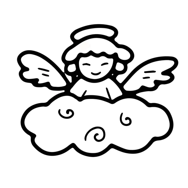 Mały aniołek ze skrzydłami i aureolą na chmurze w stylu bazgrołów — Wektor stockowy