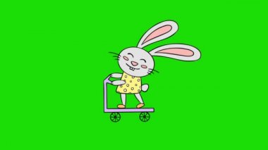 A cute drawn cartoon rabbit has fun riding a scooter on chromakey.
