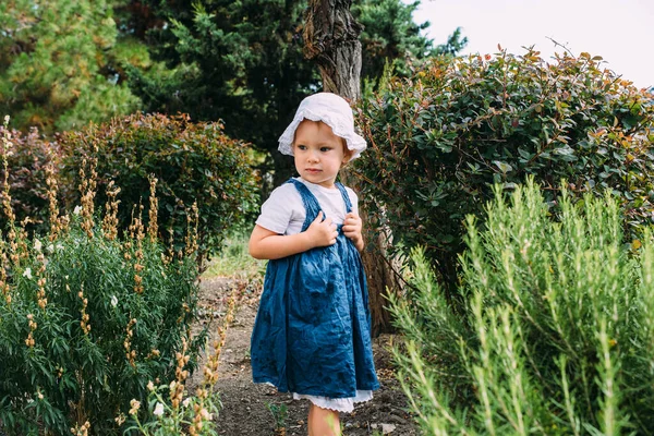 Petite fille se promène dans le jardin parmi de belles plantes persistantes du sud — Photo