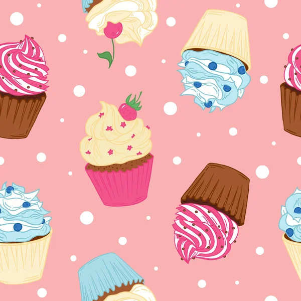 Naadloos patroon met cupcakes. Zoet bakpatroon voor stof of verpakking — Stockvector