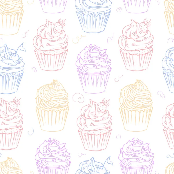 Naadloos patroon met cupcakes. Zoet bakpatroon voor stof of verpakking — Stockvector