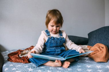 Çocuk evde en sevdiği kitabı okuyor. Çocuk masallardaki resimlere bakıyor..