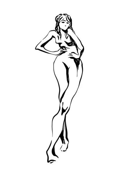 Hermosa belleza femenina desnuda sensual. Dibujo en blanco y negro — Archivo Imágenes Vectoriales