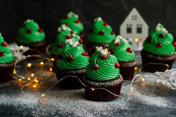 Christmas Cupcakes Spruce Shaped Green Cupcakes Dessert Winter Design Delicious — Stock Photo, Image