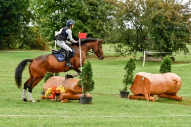 Strzegom Ekim Festivali, Morawa, Polonya - 17 Ekim 2021: Polonyalı at yarışçısı Michal Hycki yarışma sırasında istasyondan atladı.