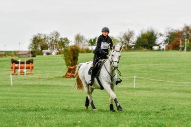 Strzegom Ekim Festivali, Morawa, Polonya - 17 Ekim 2021: Polonyalı rakip at Gladyatörü Julianna Jaszczuk yarışma sırasında istasyona yaklaşıyor.
