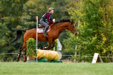 Strzegom Ekim Festivali, Morawa, Polonya - 17 Ekim 2021: Polonyalı at yarışçısı Maria Debska yarışma sırasında istasyondan atladı.