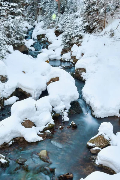 Winter Landscape Mountain River Water Slowly Flows River Bed Snow — Stock Photo, Image