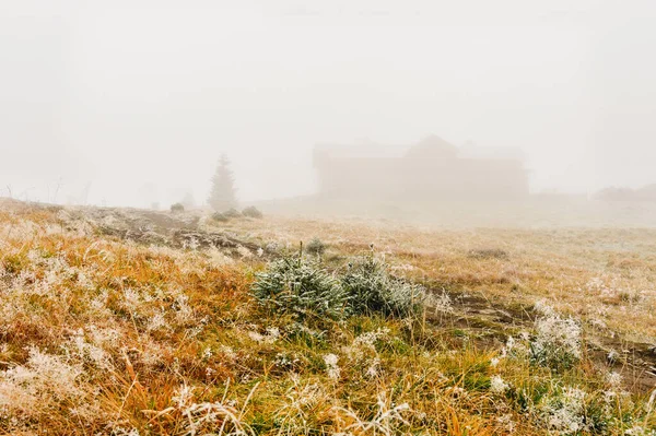 Rifugio Montagna Nella Nebbia Sentiero Montagna Vegetazione Leggermente Ghiacciata Una — Foto Stock