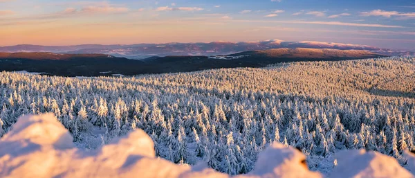 Paesaggio Invernale Montagna Tramonto Cime Innevate Bosco Vista Dalla Torre — Foto Stock