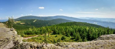 Dağ manzarası, Snieznik Massif 'in manzarası Czarna Gora dağının tepesindeki dağ yürüyüşü yolunun avantajlı bir noktasından güneşli bir yaz günü.