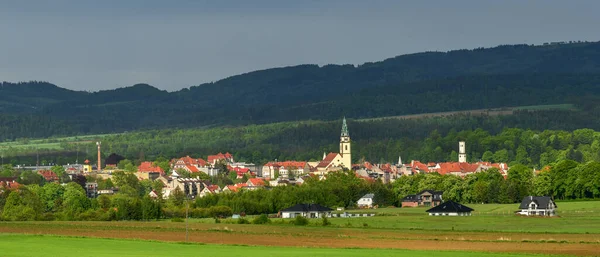 Bystrzyca Klodzka Küçük Bir Dağ Kasabası Şehrin Manzarası Vadideki Yeşil — Stok fotoğraf
