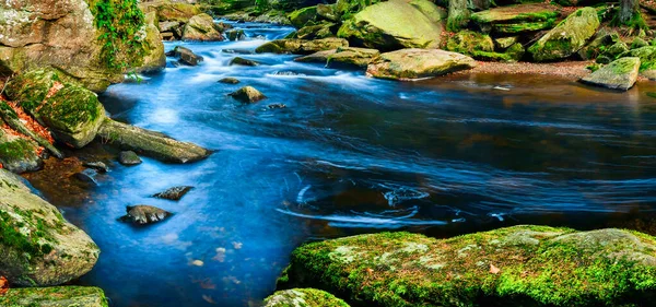 Calm Water Flows Rocky Bed Mountain River Rocks Covered Moss — Stock Photo, Image