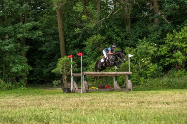 Strzegom Horse Trials, Morawa, Poland - June, 25, 2022: New Zealander Tim Price on horse  Polystar I, on the Cross Country route during the competition.